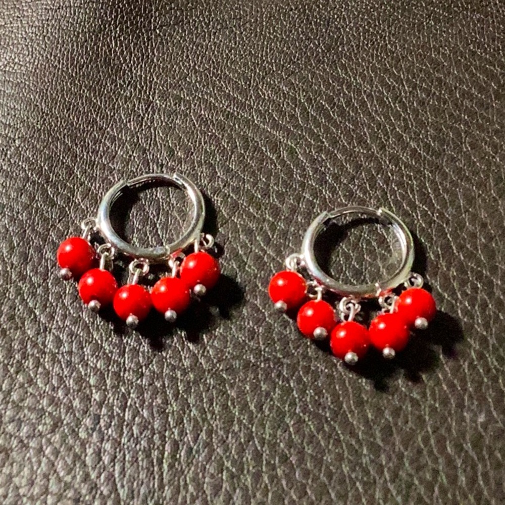 Rhodium Plated Red Coral Earrings